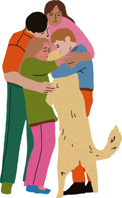 Handdrawn Freeform Vibrant Family Hugging With Their Pet